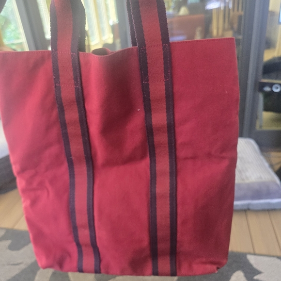 Hermes Red Canvas Tote Bag with Stripes - Picture 1 of 9